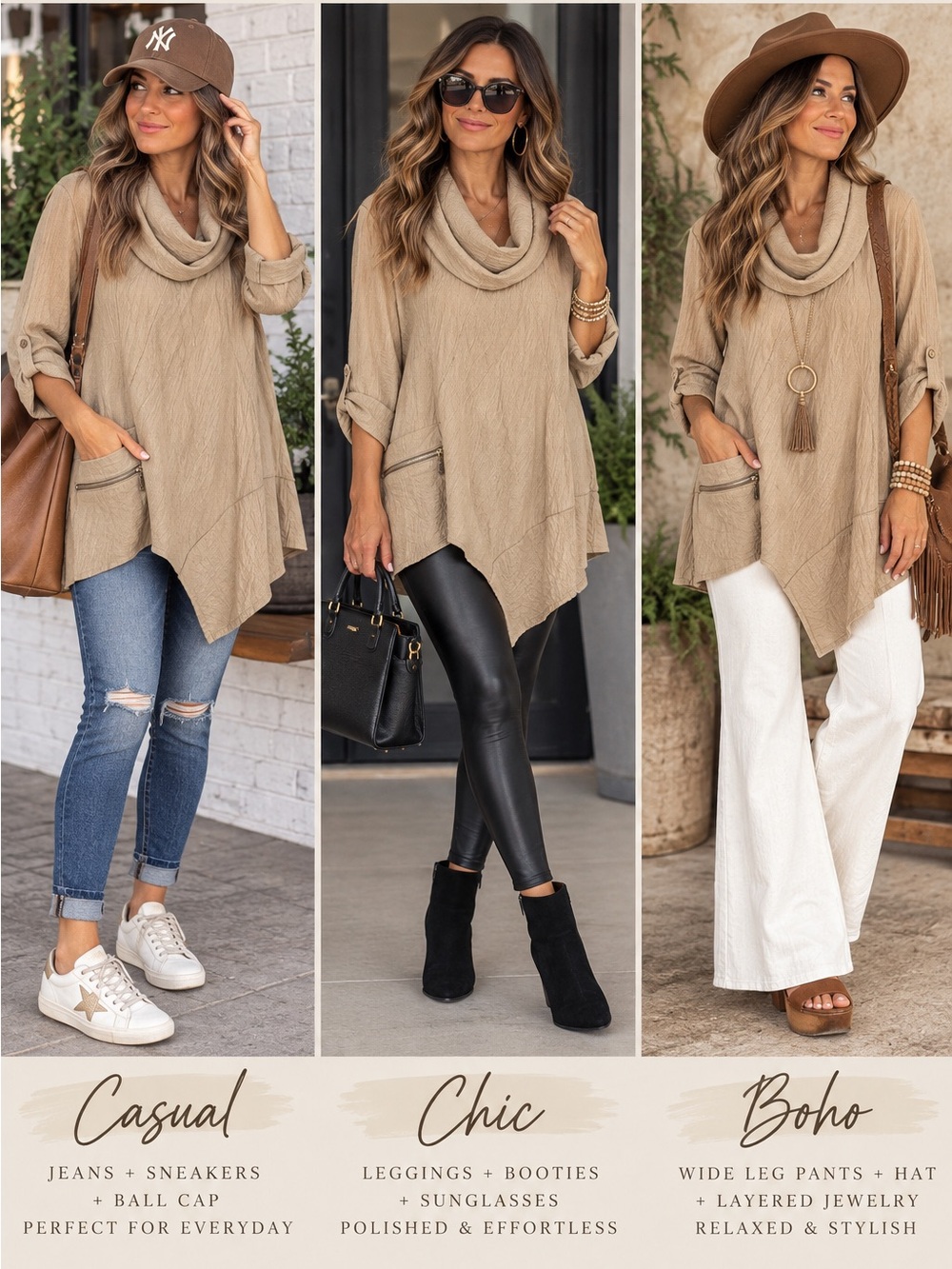 Ali Miles Medium Beige Crinkle Cowl Neck Asymmetrical Tunic Top Roll Tab Sleeves